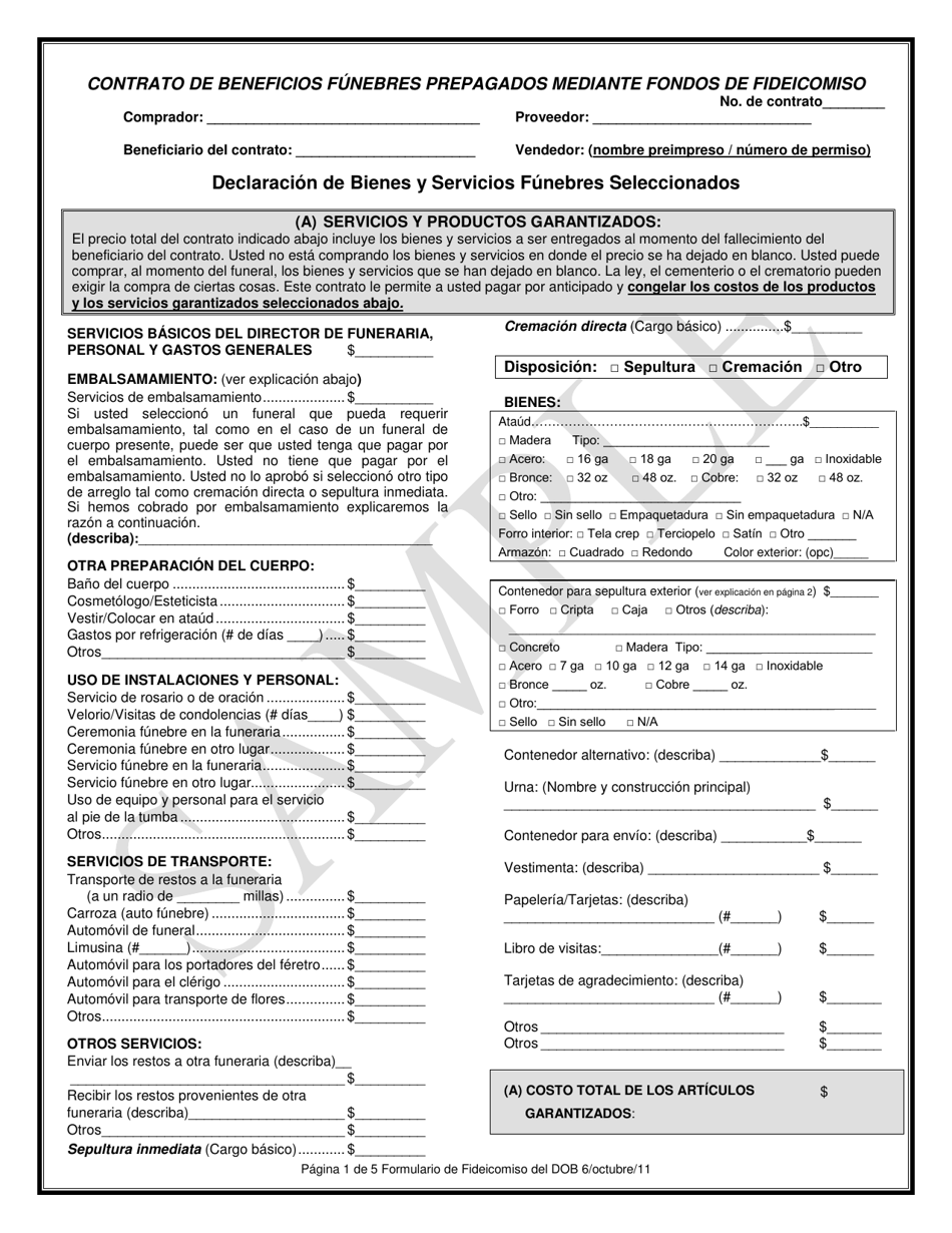 Sample Contrato De Beneficios Funebres Prepagados Mediante Fondos De Fideicomiso - Texas (Spanish), Page 1