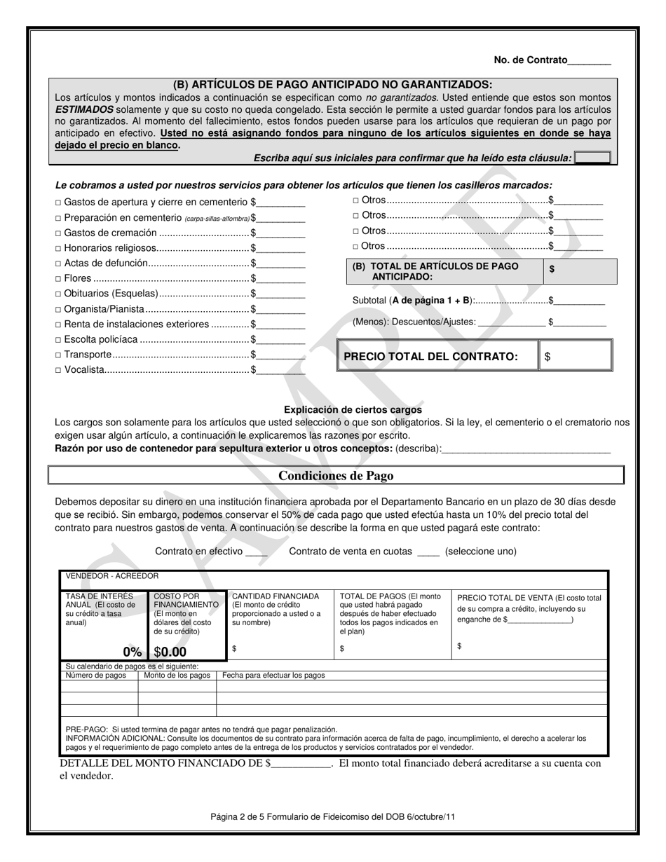 Sample Contrato De Beneficios Funebres Prepagados Mediante Fondos De Fideicomiso - Texas (Spanish), Page 2