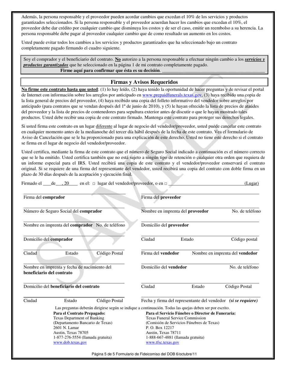 Sample Contrato De Beneficios Funebres Prepagados Mediante Fondos De Fideicomiso - Texas (Spanish), Page 5