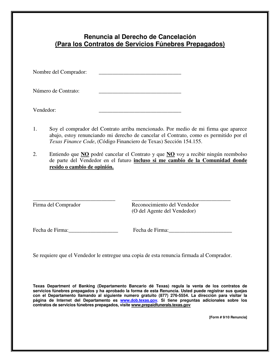 Renuncia Al Derecho De Cancelacion (Para Los Contratos De Servicios Funebres Prepagados) - Texas, Page 1