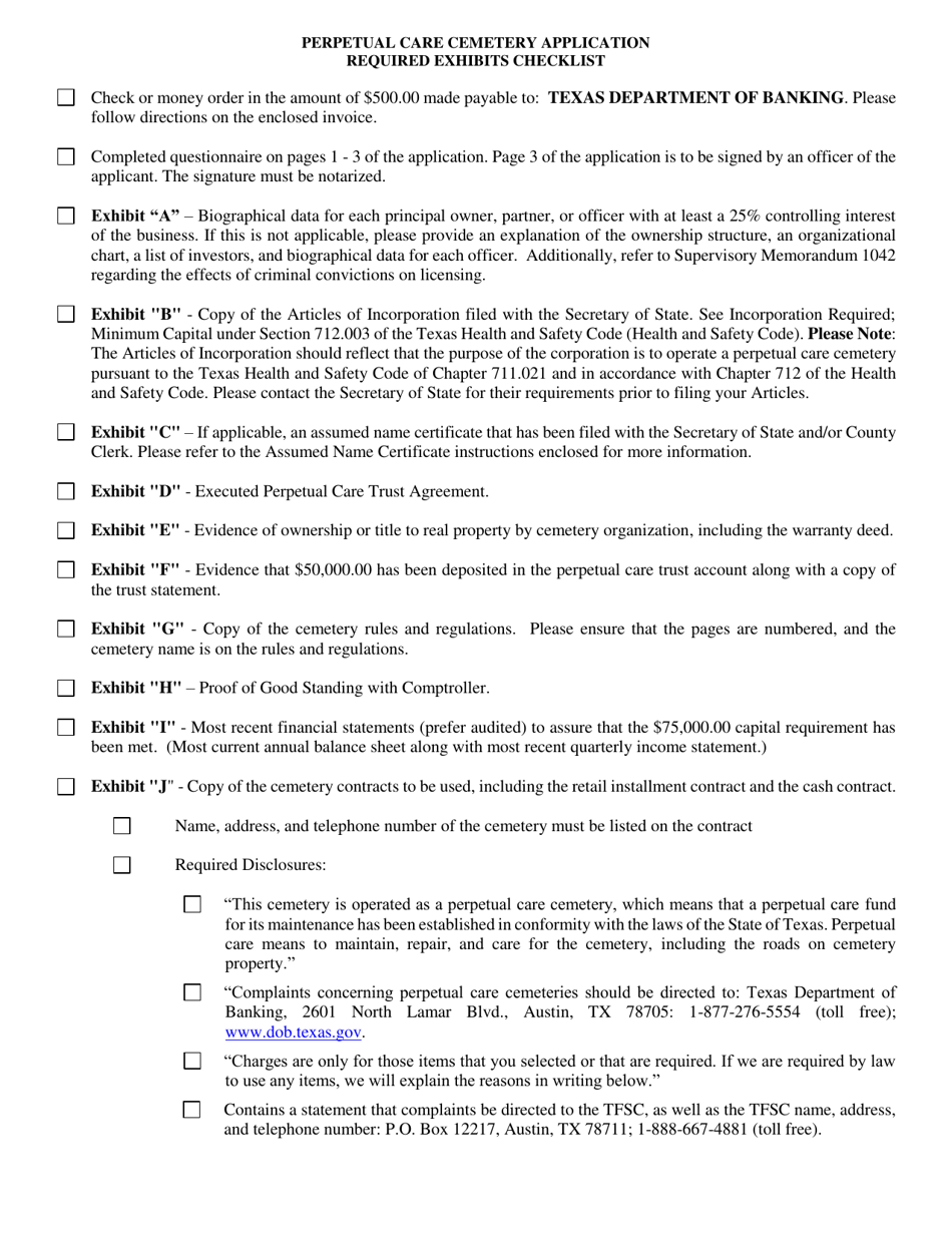 Texas Perpetual Care Cemetery Application Required Exhibits Checklist