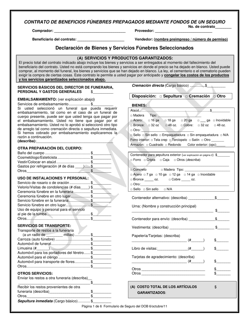 Contrato De Beneficios Funebres Prepagados Mediante Fondos De Un Seguro - Texas (Spanish), Page 1