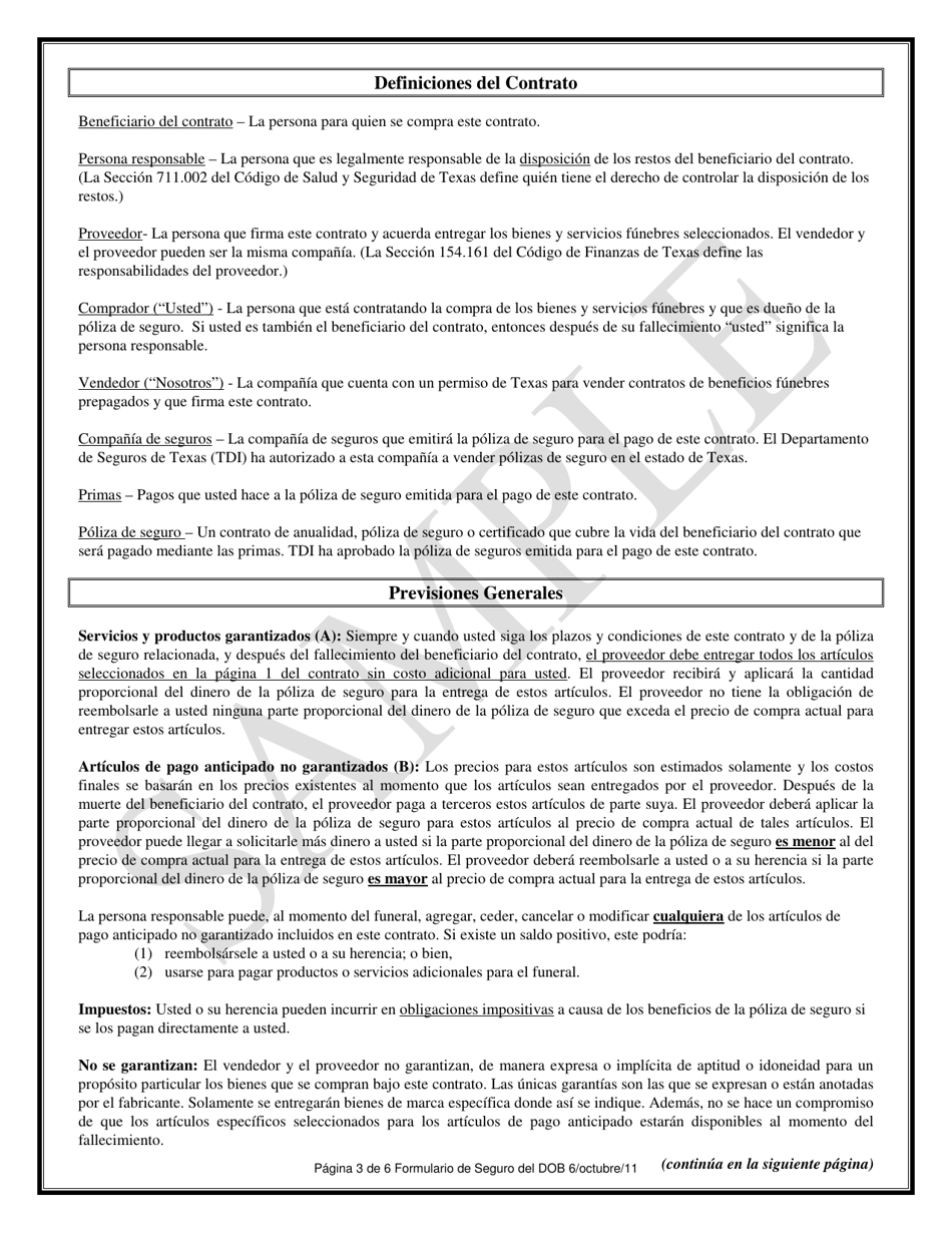 Contrato De Beneficios Funebres Prepagados Mediante Fondos De Un Seguro - Texas (Spanish), Page 3