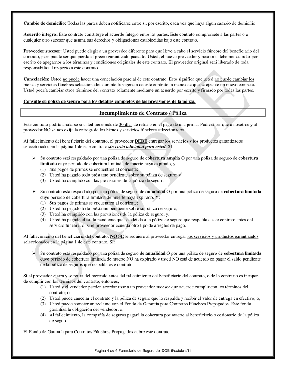 Contrato De Beneficios Funebres Prepagados Mediante Fondos De Un Seguro - Texas (Spanish), Page 4