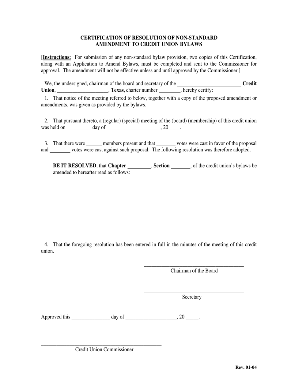 Certification of Resolution of Non-standard Amendment to Credit Union Bylaws - Texas, Page 1