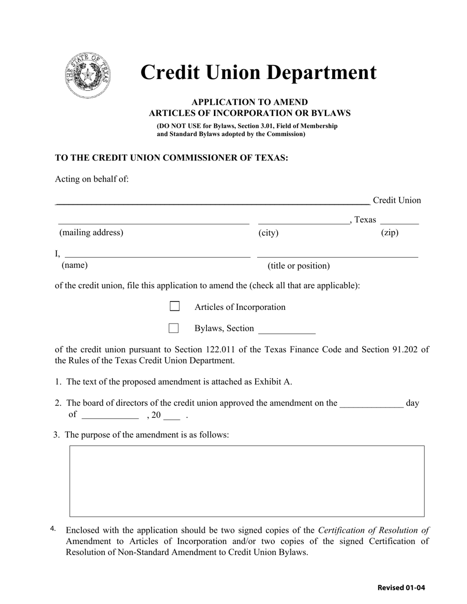 Application to Amend Articles of Incorporation or Bylaws - Texas, Page 1