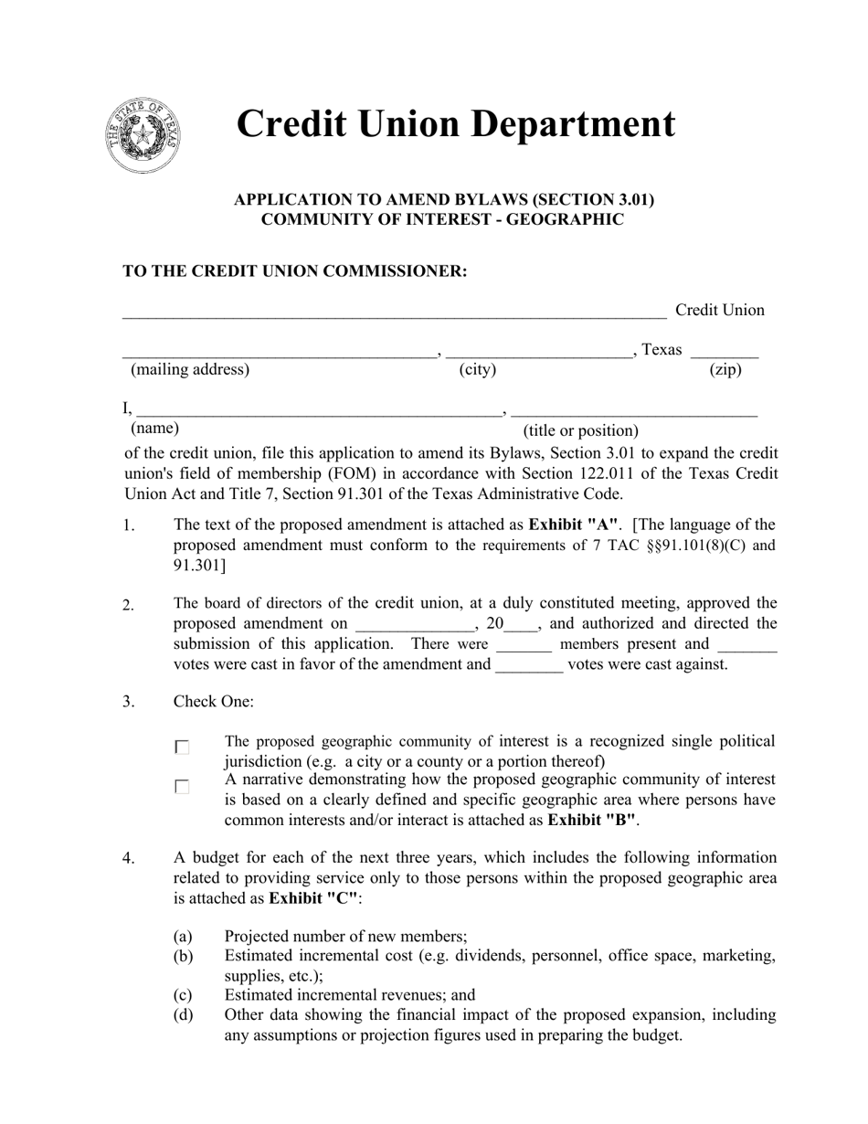 Application to Amend Bylaws (Section 3.01) Community of Interest - Geographic - Texas, Page 1
