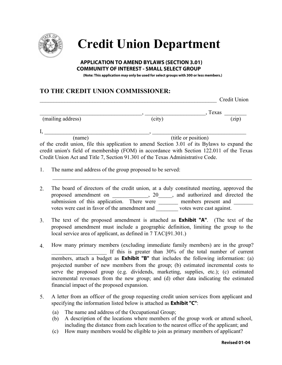 Application to Amend Bylaws (Section 3.01) Community of Interest - Small Select Group - Texas, Page 1