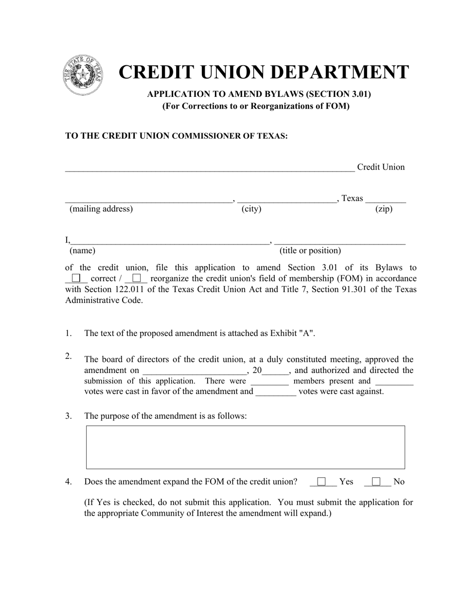Application to Amend Bylaws (Section 3.01) (For Corrections to or Reorganizations of Fom) - Texas, Page 1
