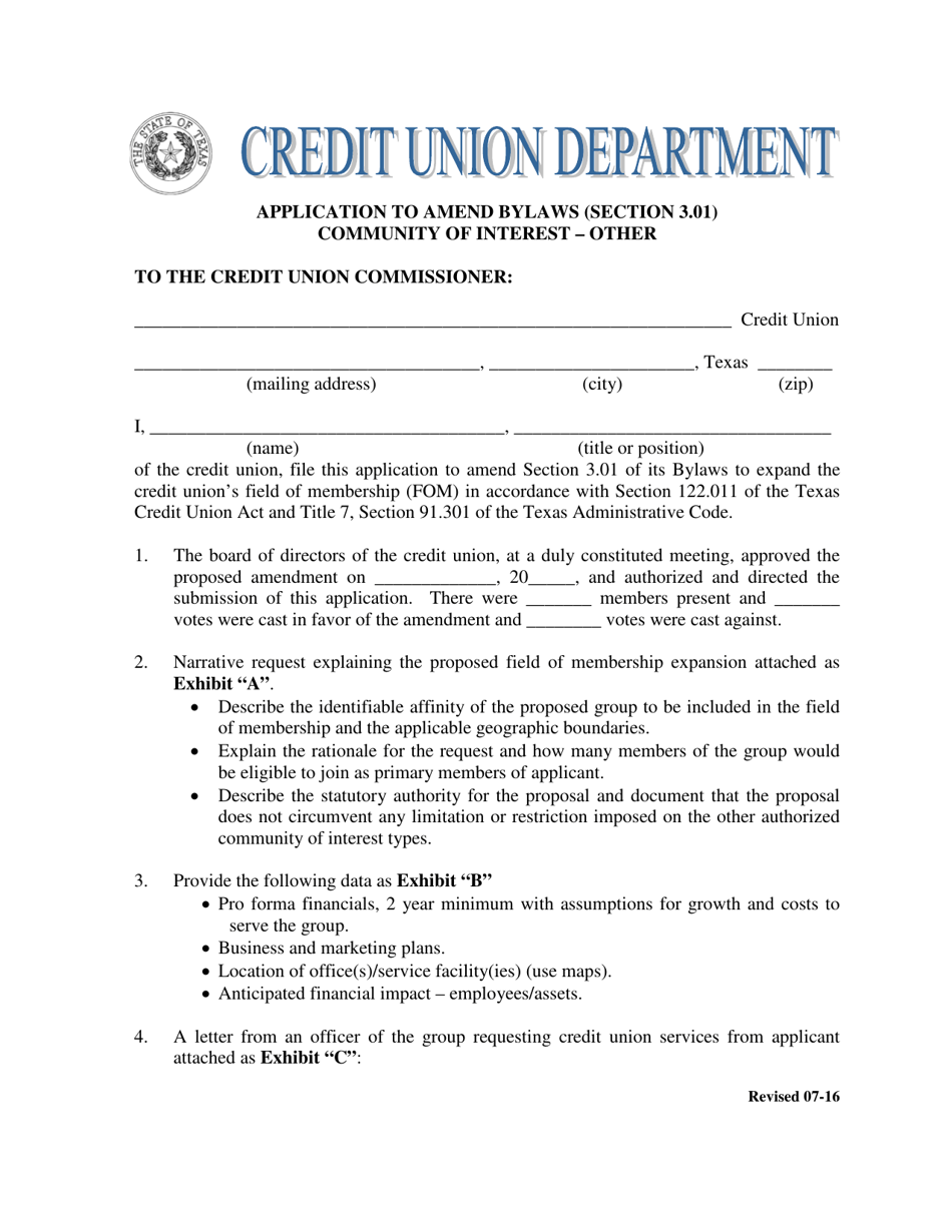 Application to Amend Bylaws (Section 3.01) Community of Interest - Other - Texas, Page 1