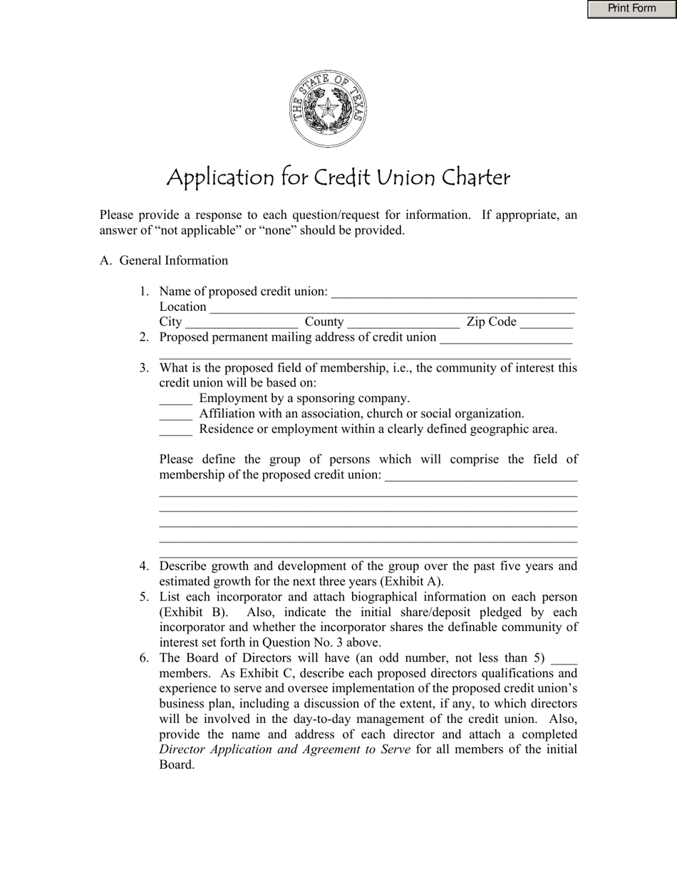 Application for Credit Union Charter - Texas, Page 1