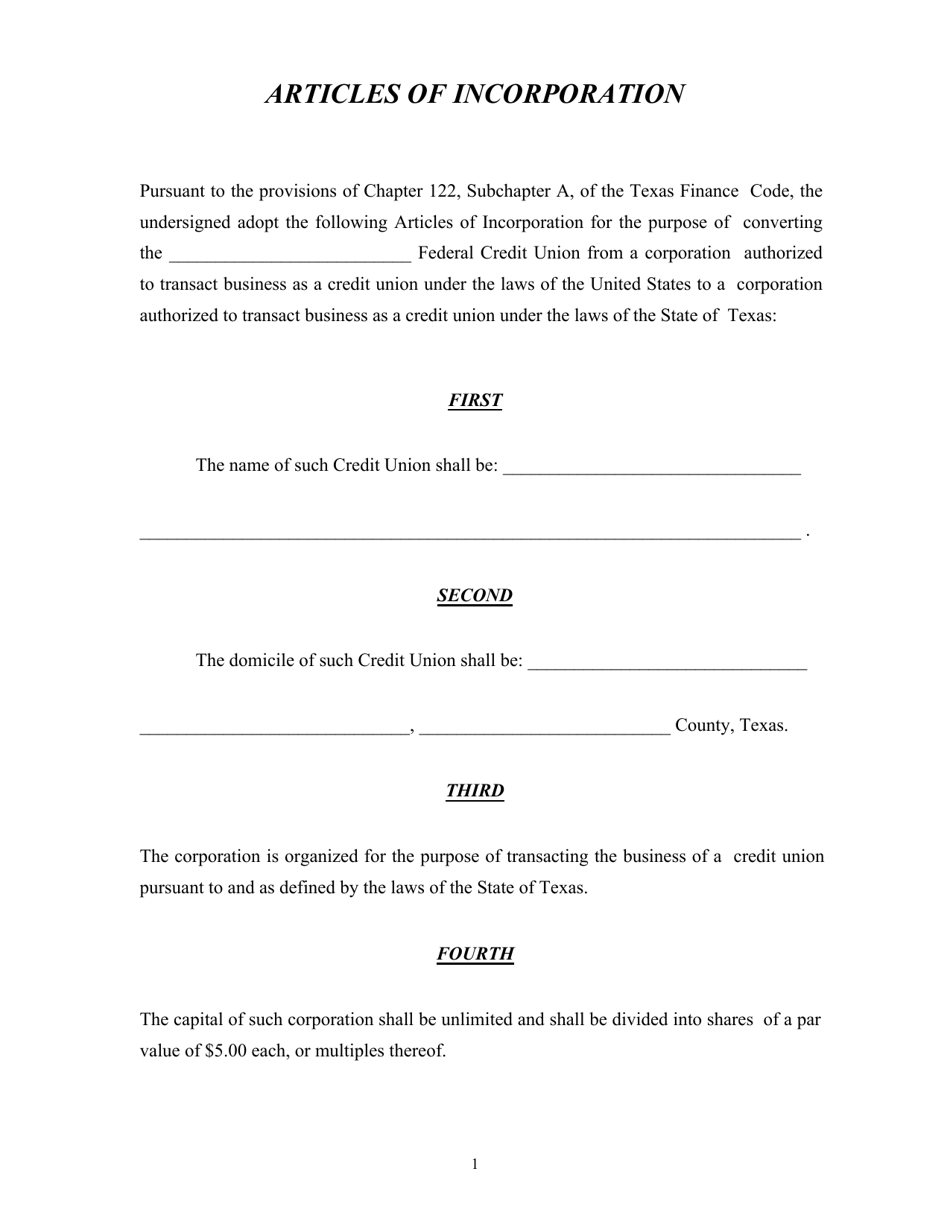 Articles of Incorporation - Charter Conversion - Texas, Page 1