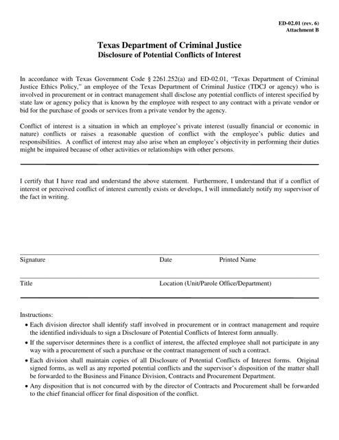 Form ED-02.01 Attachment B Disclosure of Potential Conflicts of Interest - Texas