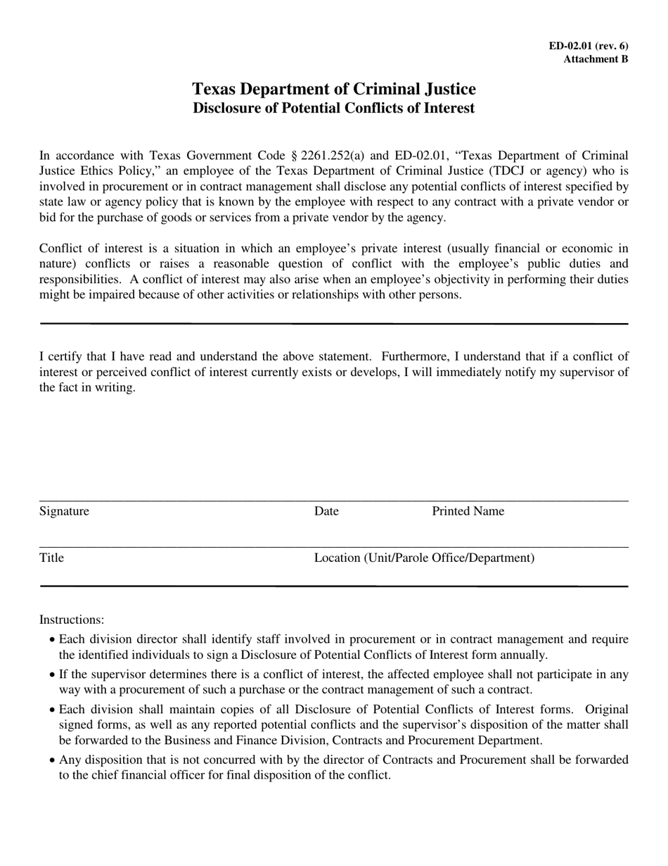 Form ED-02.01 Attachment B Disclosure of Potential Conflicts of Interest - Texas, Page 1