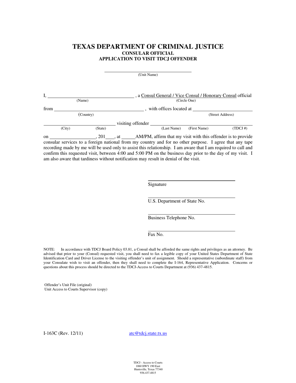 Form I-163C Consular Official Application to Visit Tdcj Offender - Texas, Page 1