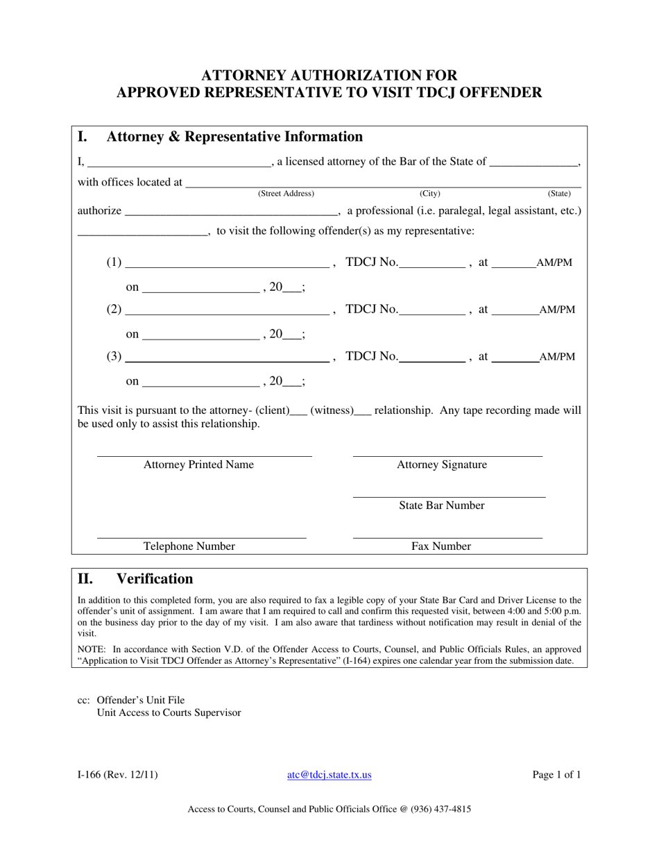 Form I-166 Attorney Authorization for Approved Representative to Visit Tdcj Offender - Texas, Page 1