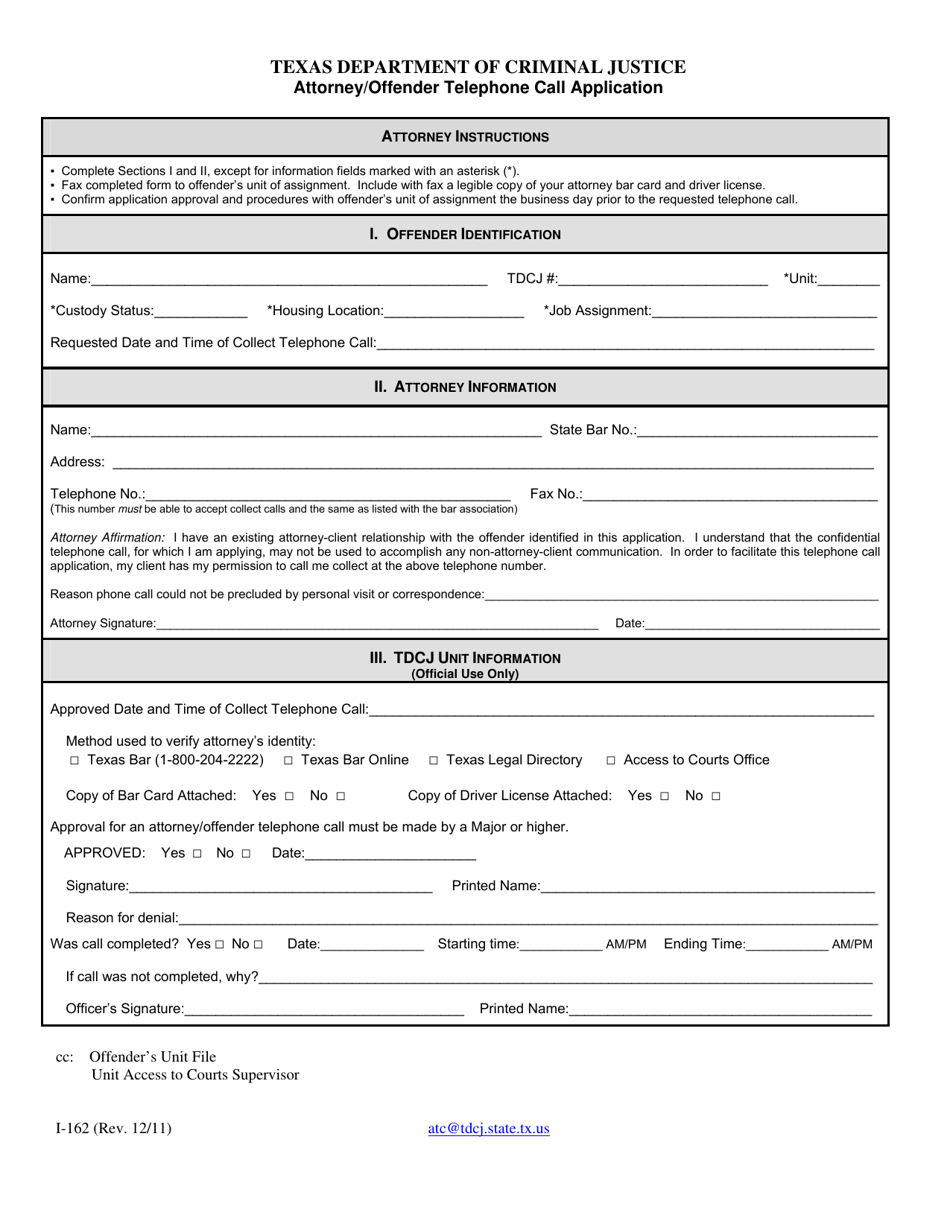 Form I-162 Attorney / Offender Telephone Call Application - Texas, Page 1