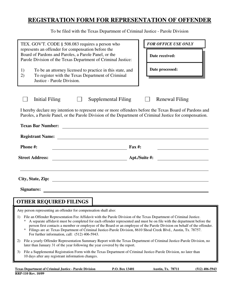 Form RRP-110 Registration Form for Representation of Offender - Texas, Page 1
