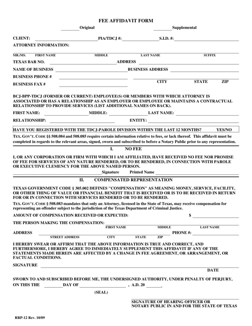 Form RRP-12 Fee Affidavit Form - Texas
