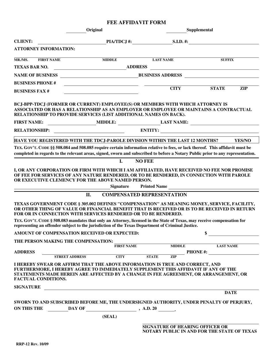 Form RRP-12 Fee Affidavit Form - Texas, Page 1