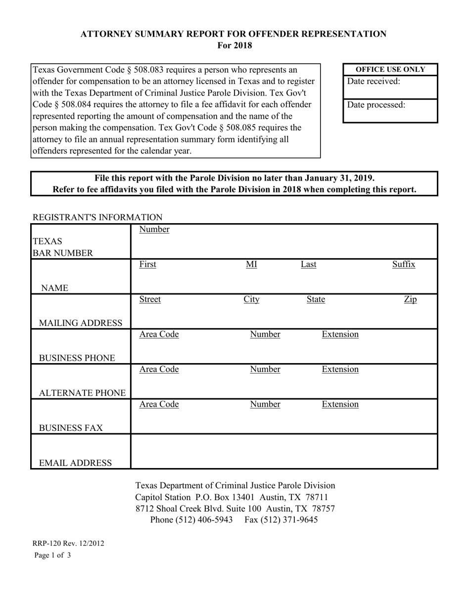 Form RRP-120 Attorney Summary Report for Offender Representation - Texas, Page 1