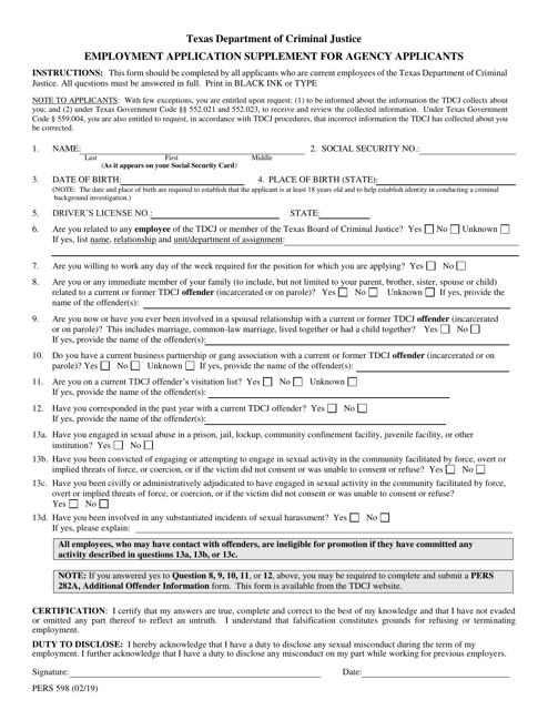 Form PERS598 Employment Application Supplement for Agency Applicants - Texas