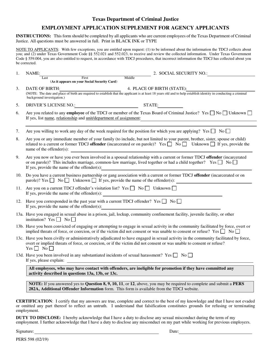 Form PERS598 - Fill Out, Sign Online and Download Fillable PDF, Texas ...