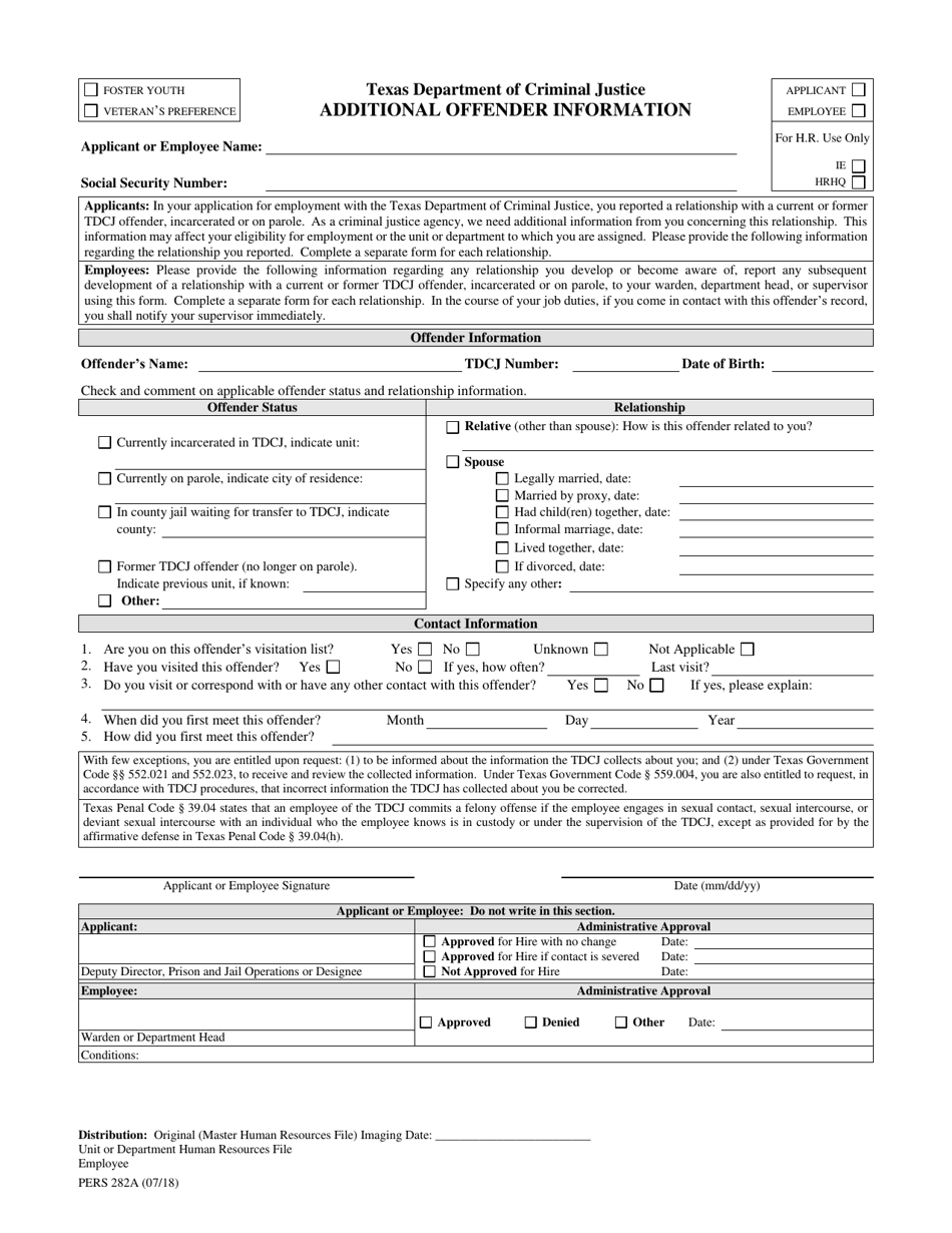 Form PERS282A Additional Offender Information - Texas, Page 1