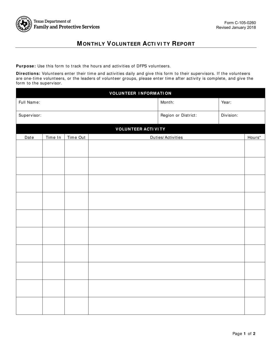 Form C-105-0260 Monthly Volunteer Activity Report - Texas, Page 1