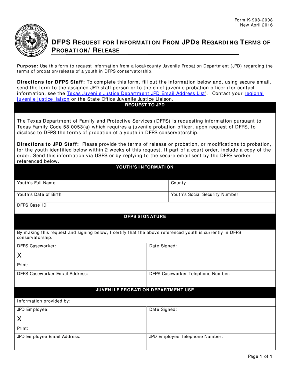 Form K-908-2008 Dfps Request for Information From Jpds Regarding Terms of Probation / Release - Texas, Page 1