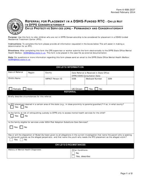 Form K-908-2037 Referral for Placement in a Dshs-Funded Rtc - Child Not in Dfps Conservatorship - Texas