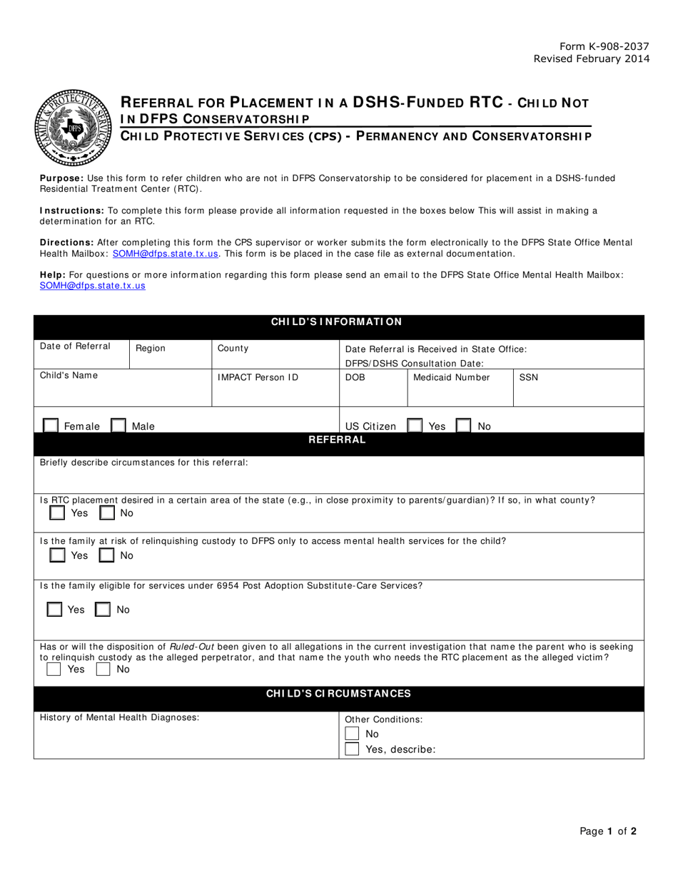 Form K-908-2037 Referral for Placement in a Dshs-Funded Rtc - Child Not in Dfps Conservatorship - Texas, Page 1