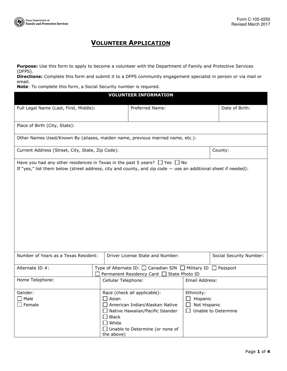 Form C-105-0250 Volunteer Application - Texas, Page 1