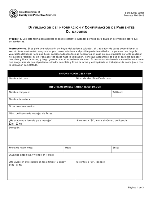 Formulario K-908-0399S Divulgacion De Informacion Y Confirmacion De Parientes Cuidadores - Texas (Spanish)