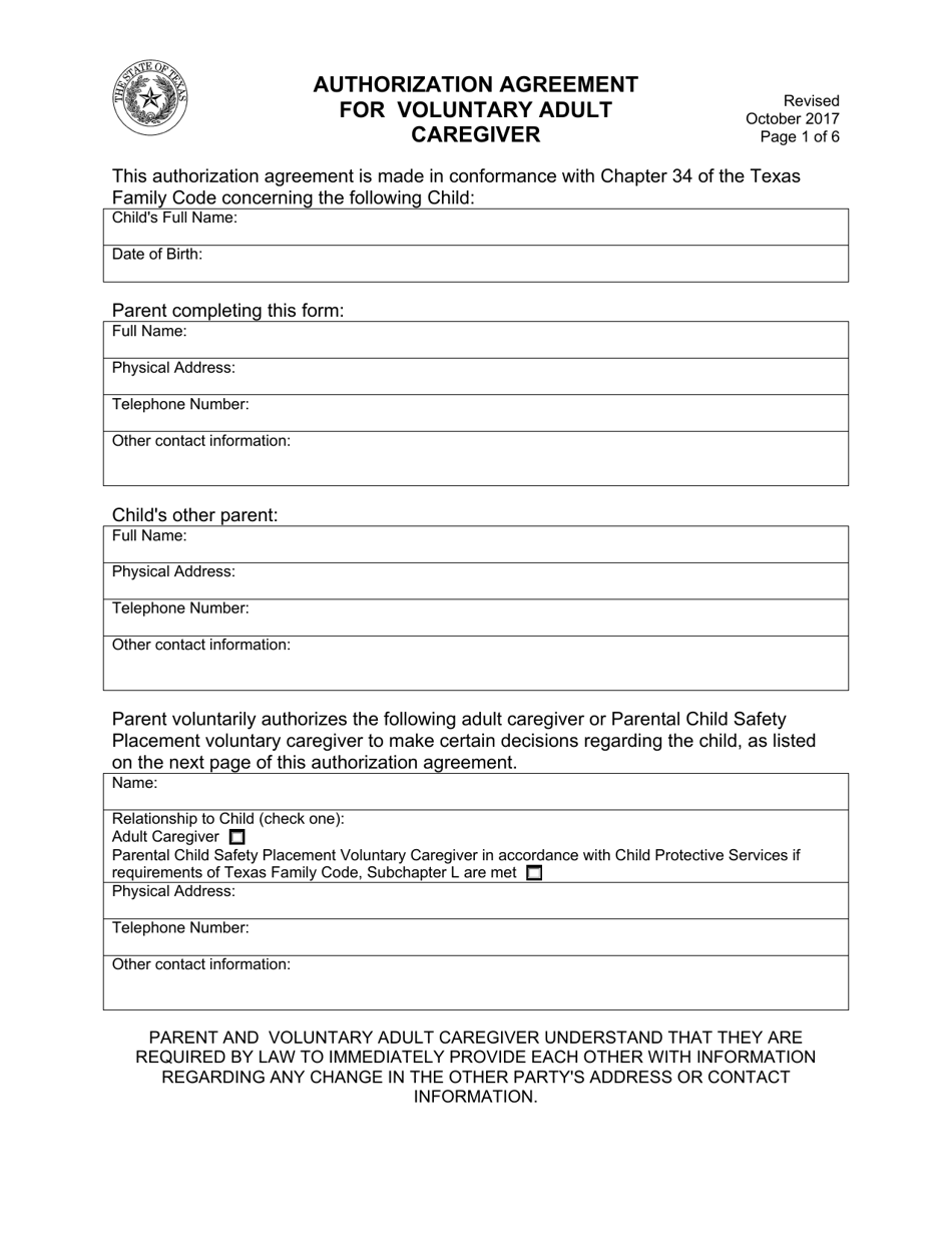 Authorization Agreement for Voluntary Adult Caregiver - Texas, Page 1
