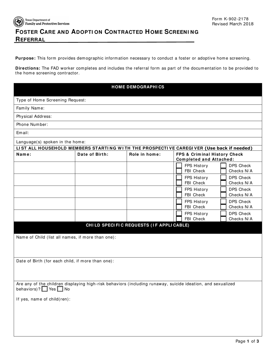 Form K-902-2178 Foster Care and Adoption Contracted Home Screening Referral - Texas, Page 1