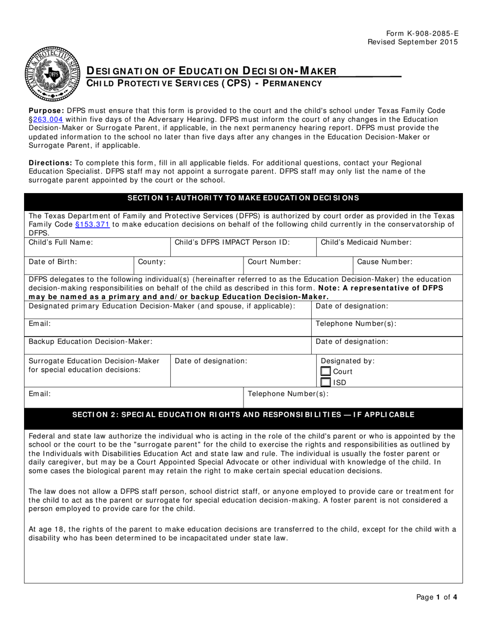 Form K-908-2085-E Designation of Education Decision-Maker - Texas, Page 1