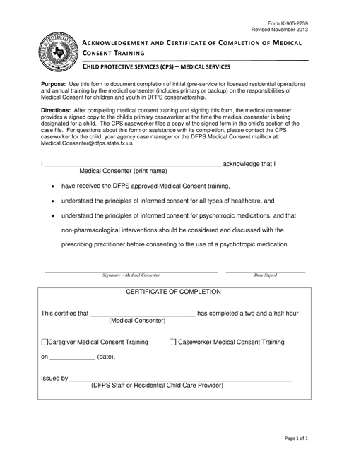 Form K-905-2759 Acknowledgement and Certificate of Completion of Medical Consent Training - Texas