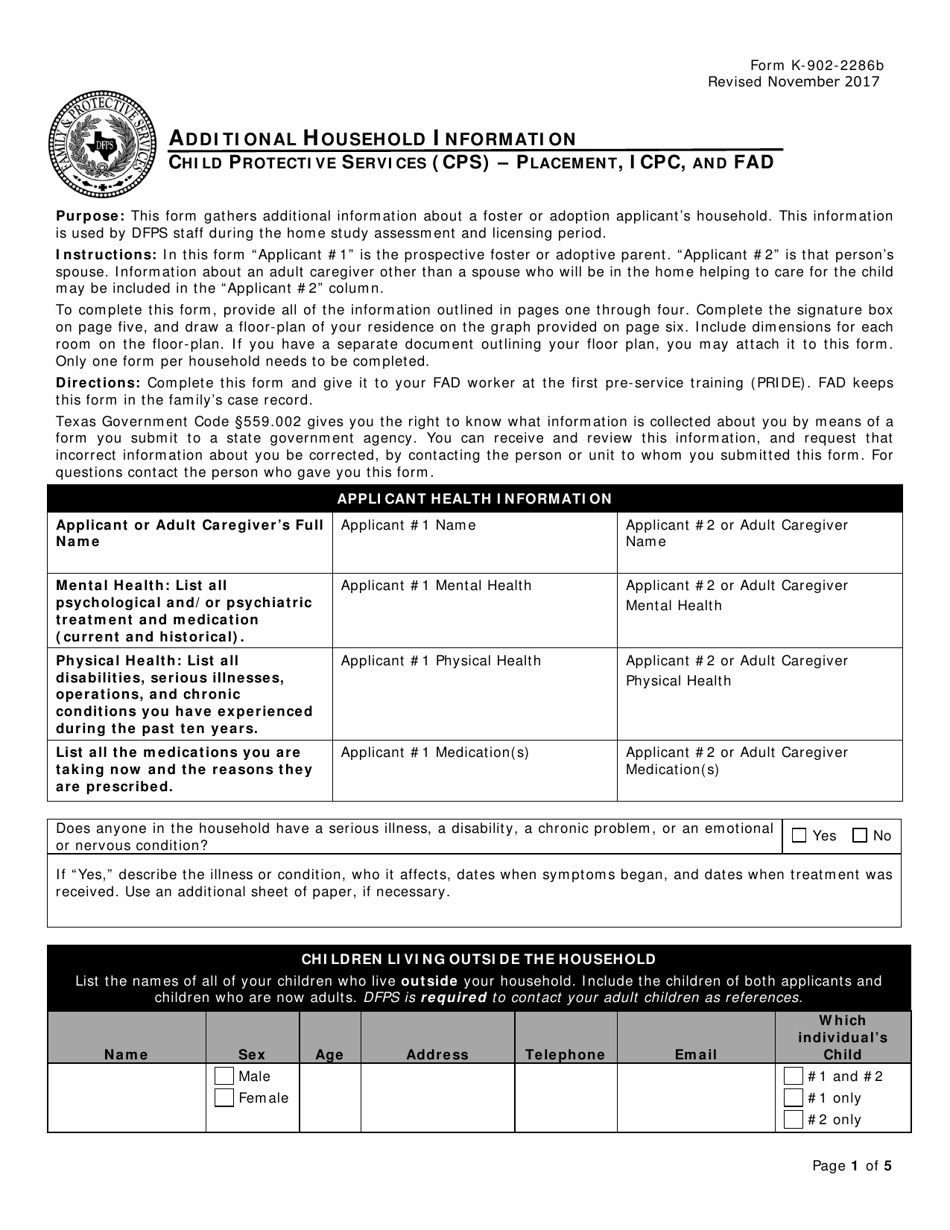 Form K-902-2286B Additional Household Information - Texas, Page 1