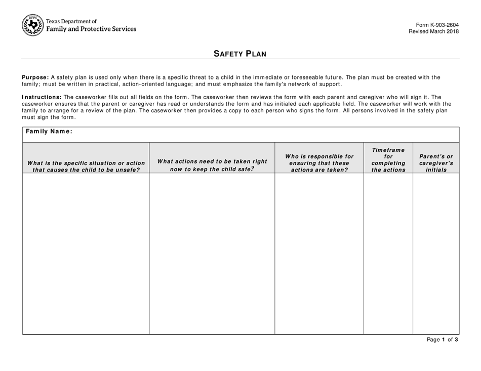 Form K-903-2604 Safety Plan - Texas, Page 1