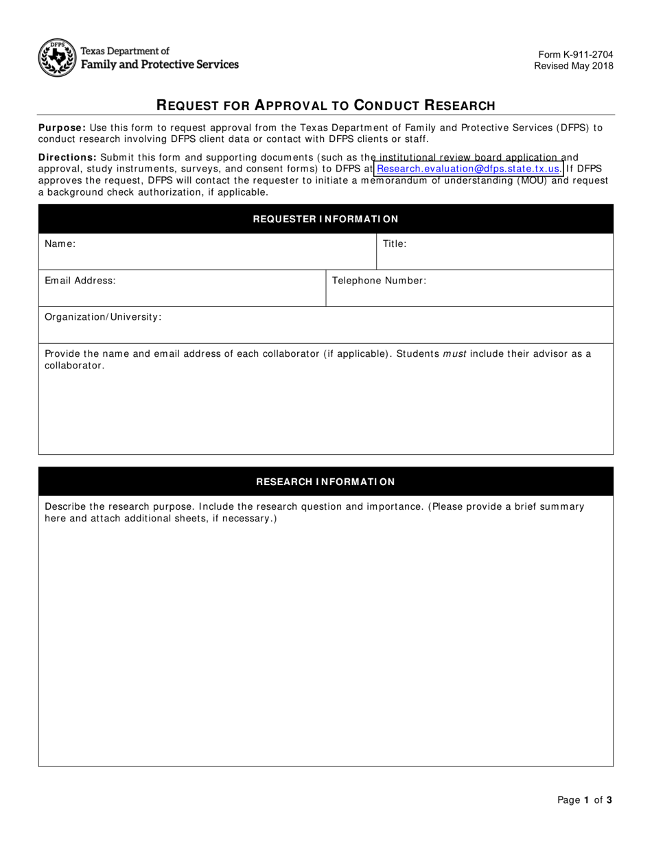 Form K-911-2704 Request for Approval to Conduct Research - Texas, Page 1