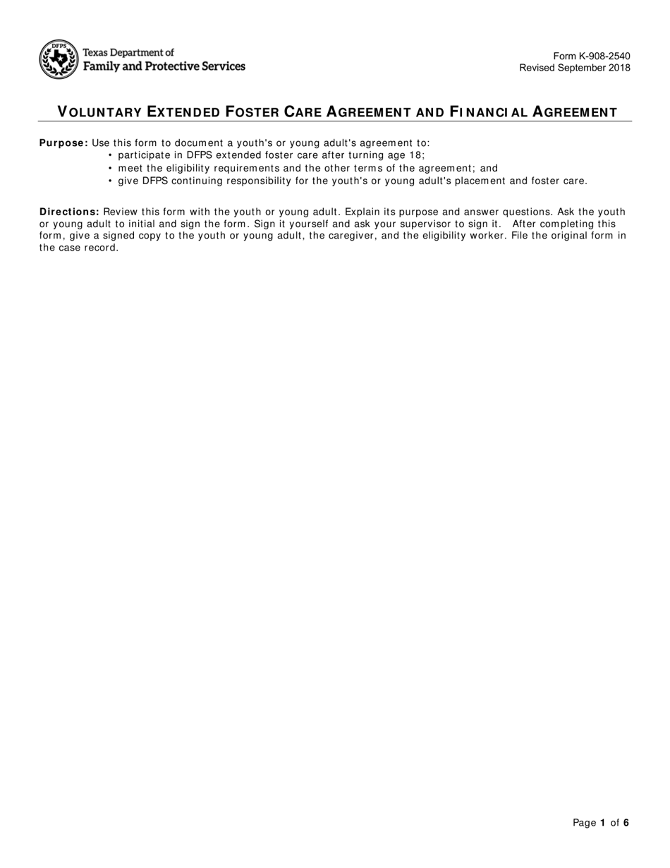 Form K-908-2540 Voluntary Extended Foster Care Agreement and Financial Agreement - Texas, Page 1