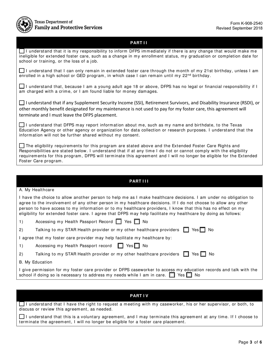 Form K-908-2540 Voluntary Extended Foster Care Agreement and Financial Agreement - Texas, Page 3