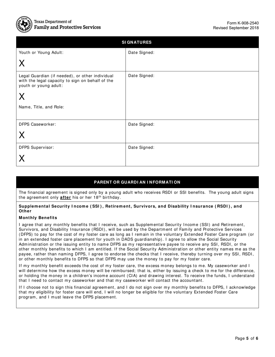 Form K-908-2540 Voluntary Extended Foster Care Agreement and Financial Agreement - Texas, Page 5