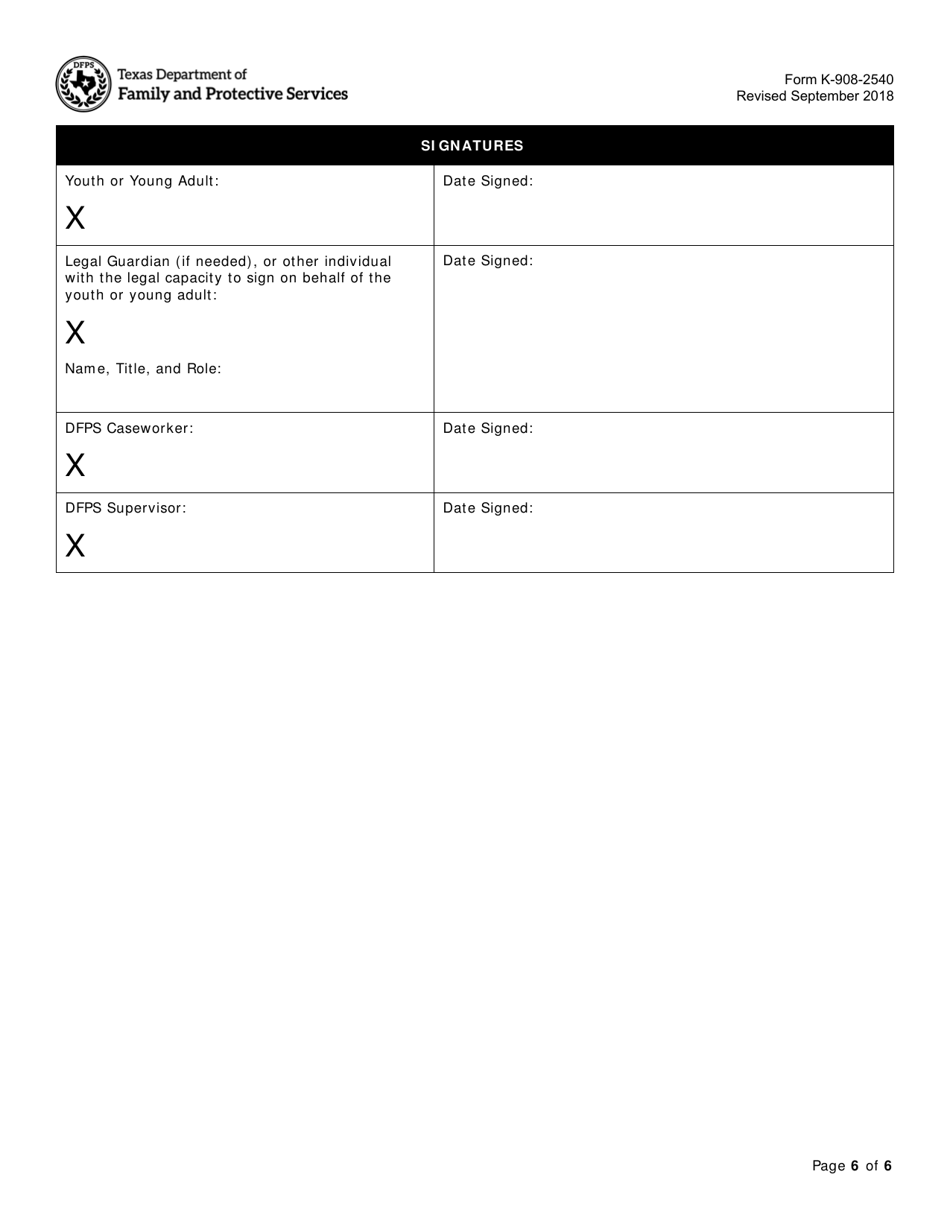 Form K-908-2540 Voluntary Extended Foster Care Agreement and Financial Agreement - Texas, Page 6
