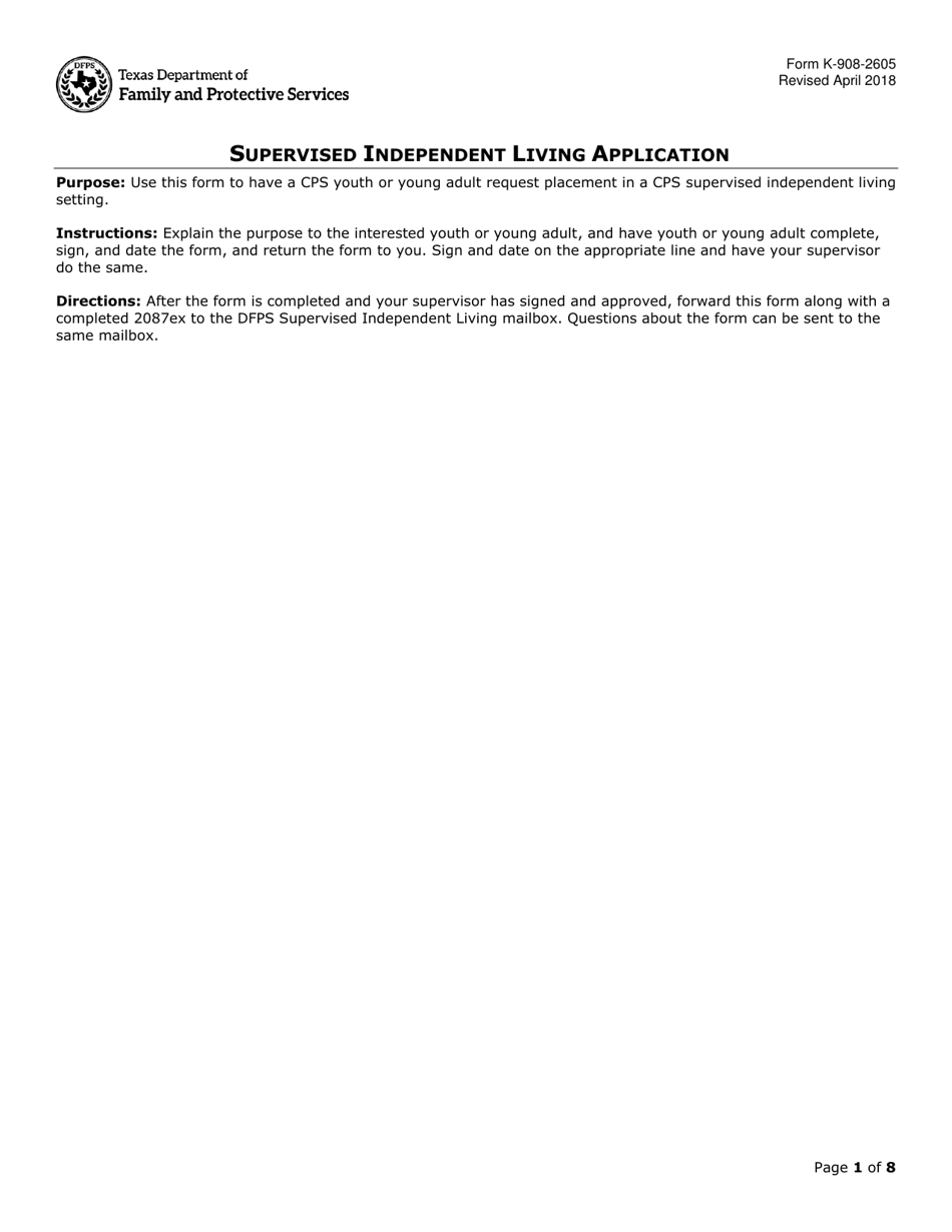Form K-908-2605 Supervised Independent Living Application - Texas, Page 1