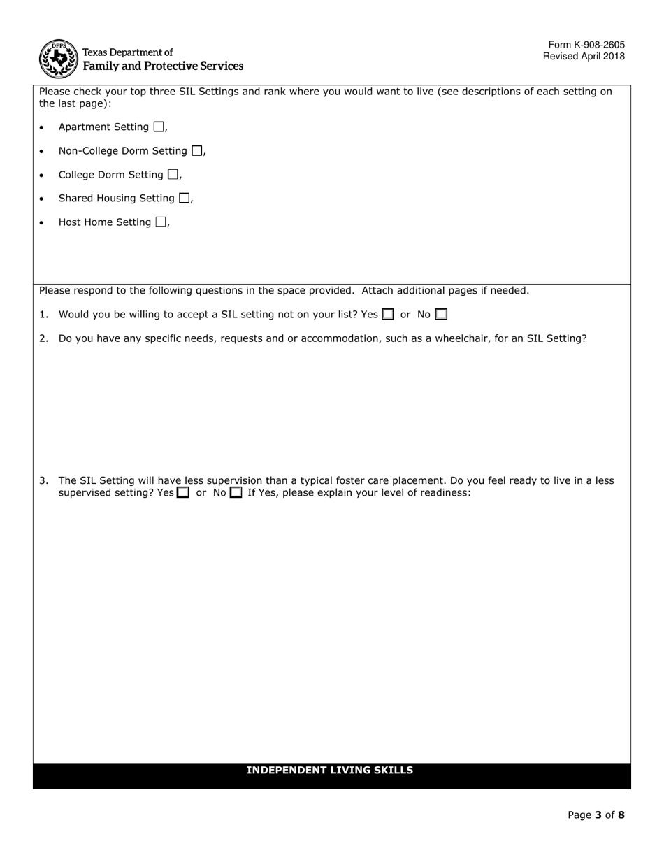 Form K-908-2605 Supervised Independent Living Application - Texas, Page 3