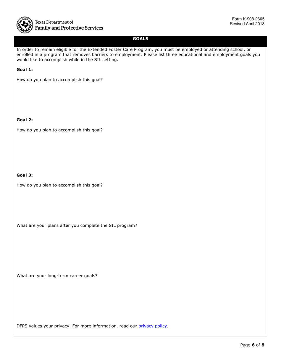 Form K-908-2605 Supervised Independent Living Application - Texas, Page 6