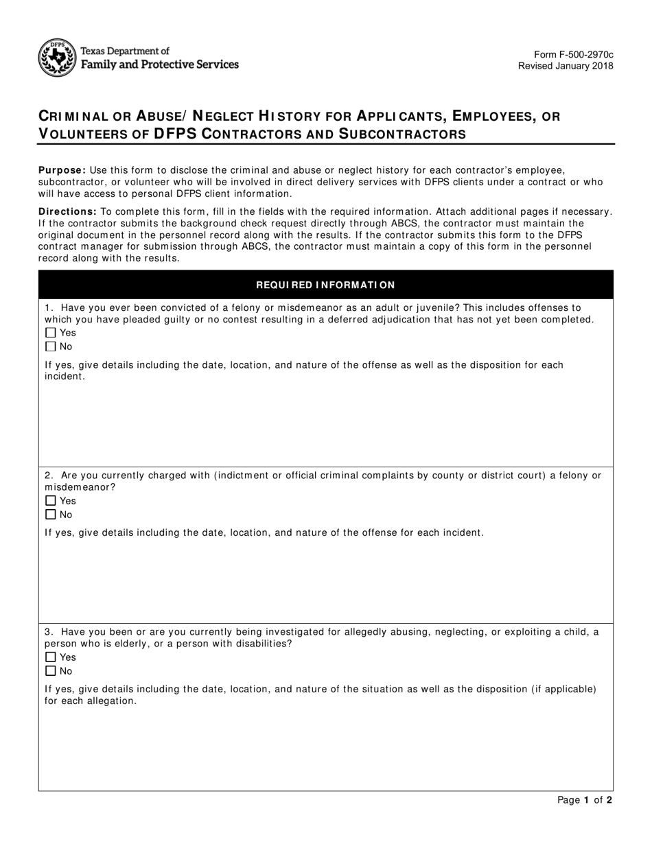 Form F-500-2970C Criminal or Abuse / Neglect History for Applicants, Employees, or Volunteers of Dfps Contractors and Subcontractors - Texas, Page 1