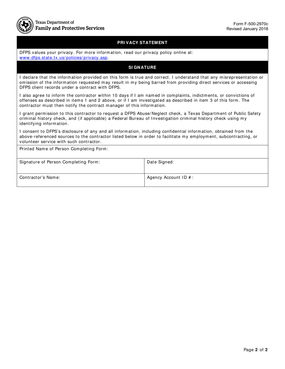 Form F-500-2970C Criminal or Abuse / Neglect History for Applicants, Employees, or Volunteers of Dfps Contractors and Subcontractors - Texas, Page 2